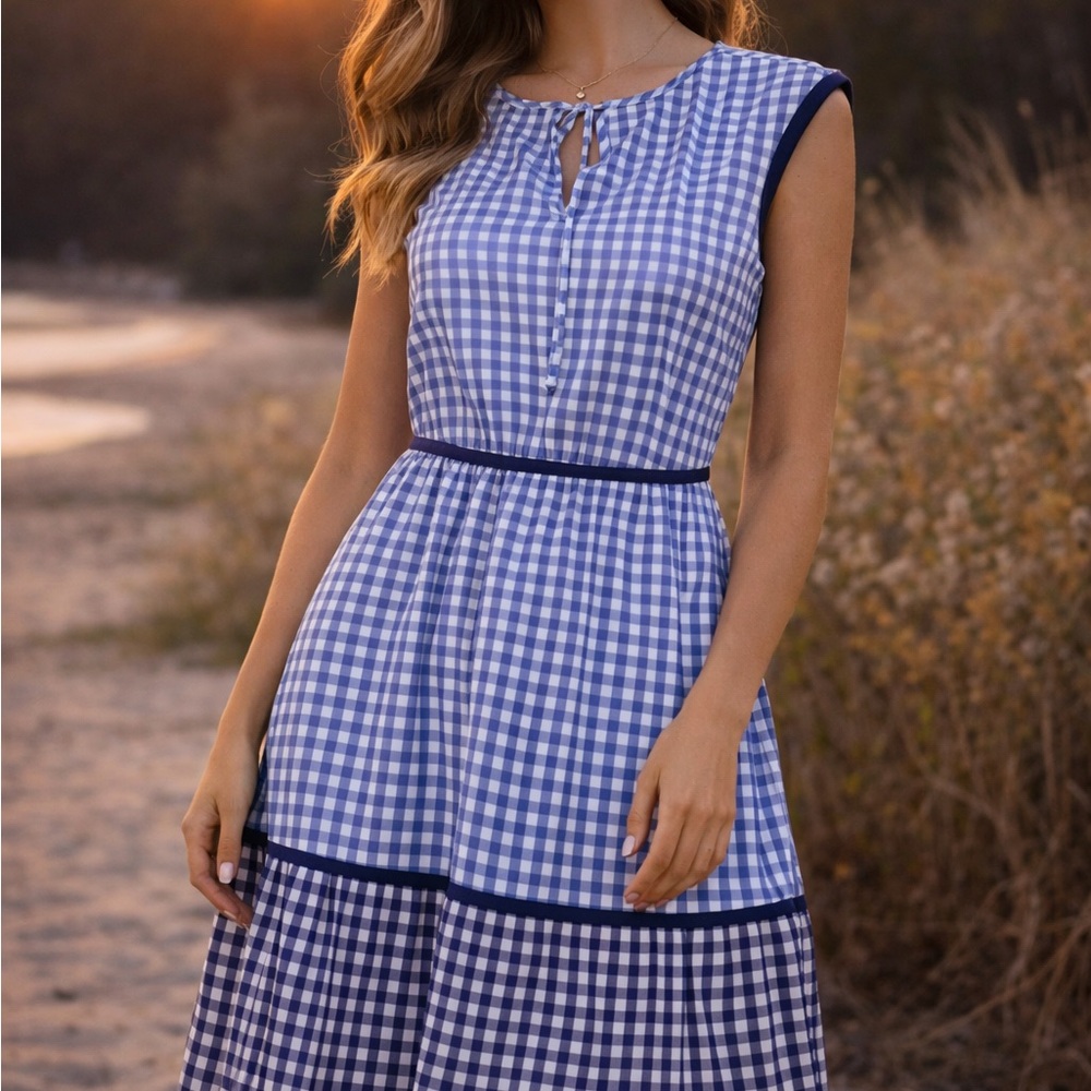 Draper James Blue Gingham Cotton Midi Dress‎ Sleeveless Tiered Size 0 Preppy